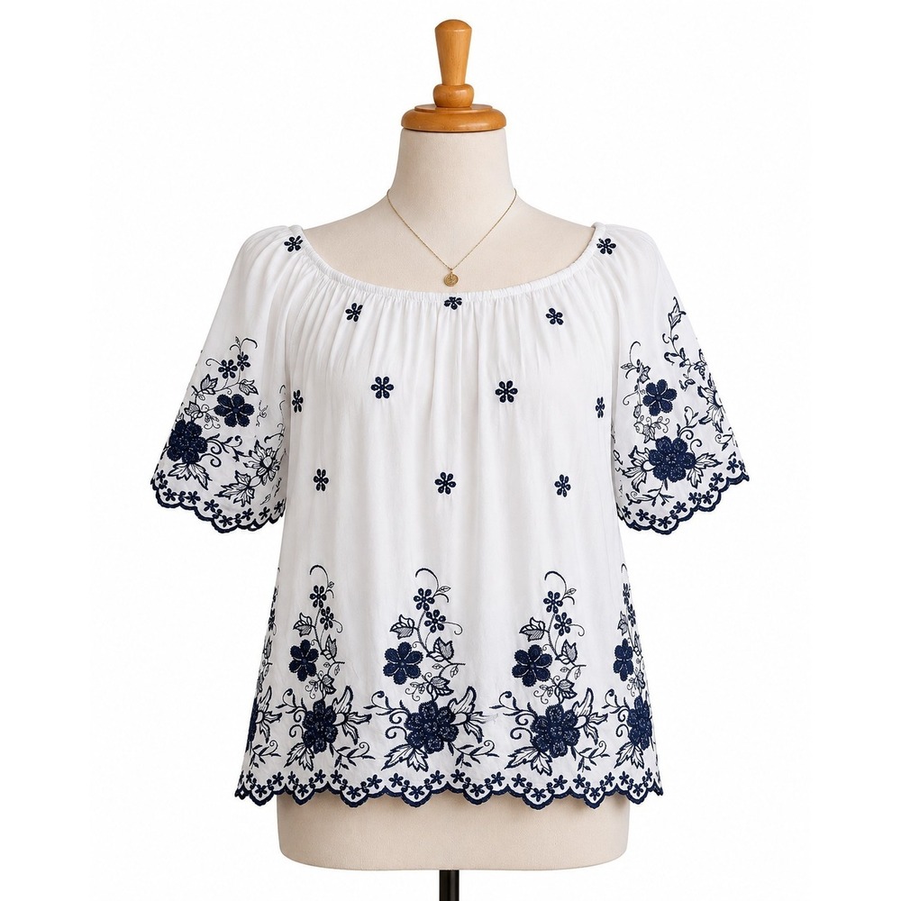 Boho Embroidered Peasant Top Women XL White Blue Floral Cottagecore
